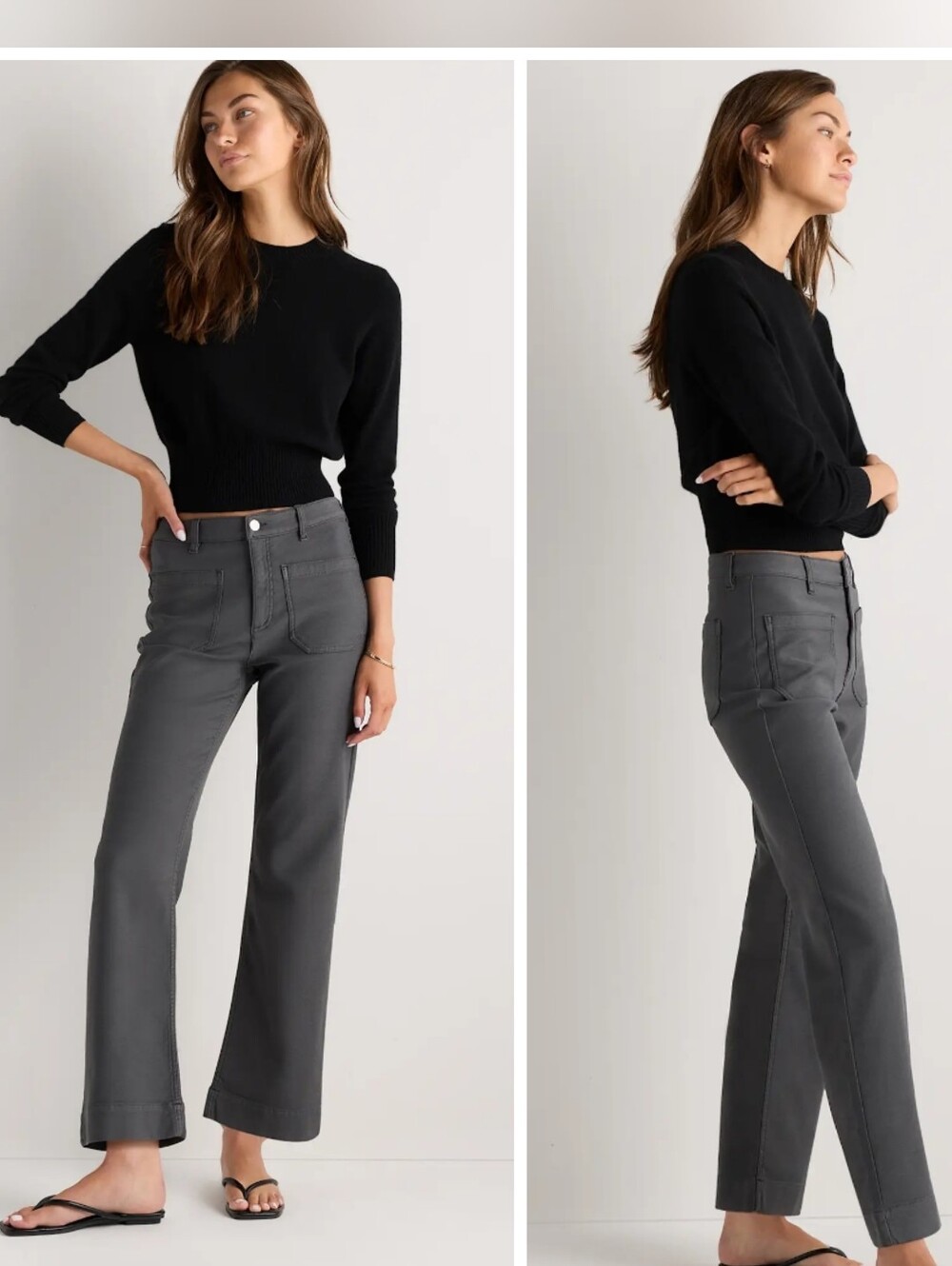 Quince French Terry Wide Leg Pants Dark Coal Wash Size 10 High Rise Pockets